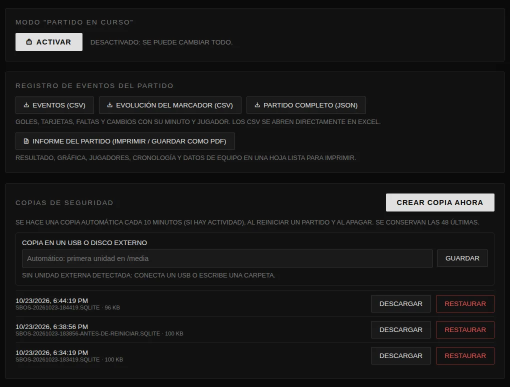 Pantalla de copias y registro con exportación de eventos en CSV y informe del partido