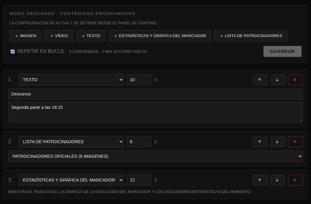 Editor del modo descanso con la lista de contenidos programados