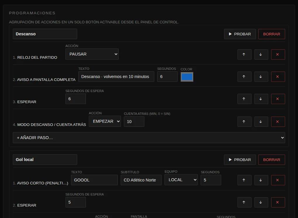 Editor de programaciones con pasos como reloj, aviso a pantalla completa, esperar y modo descanso
