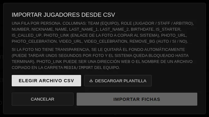 Ventana de importación de jugadores desde un archivo CSV