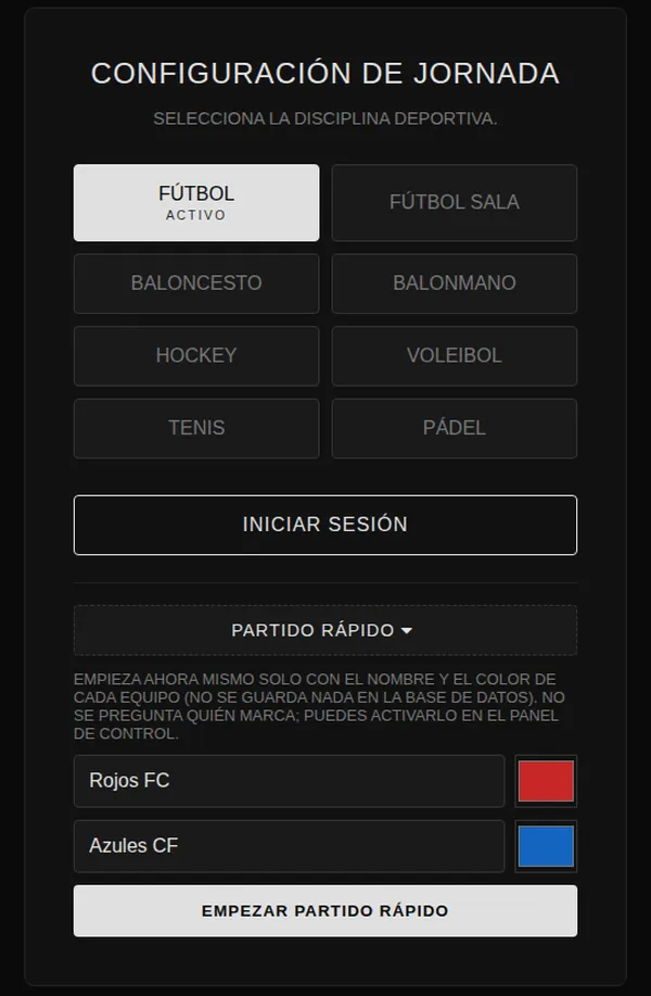 Pantalla de acceso con el apartado Partido rápido desplegado: nombre y color de dos equipos y botón para empezar