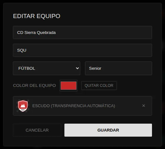 Ficha de equipo con nombre, abreviatura, color y escudo