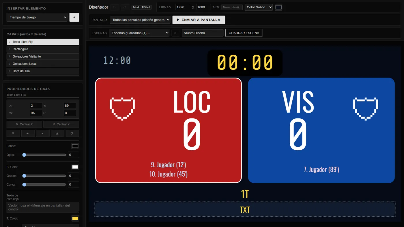 Diseñador visual: lienzo con marcador en azul y rojo, lista de capas y propiedades de la caja seleccionada