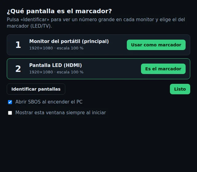 Ventana ¿Qué pantalla es el marcador? con los monitores del PC y el botón Identificar
